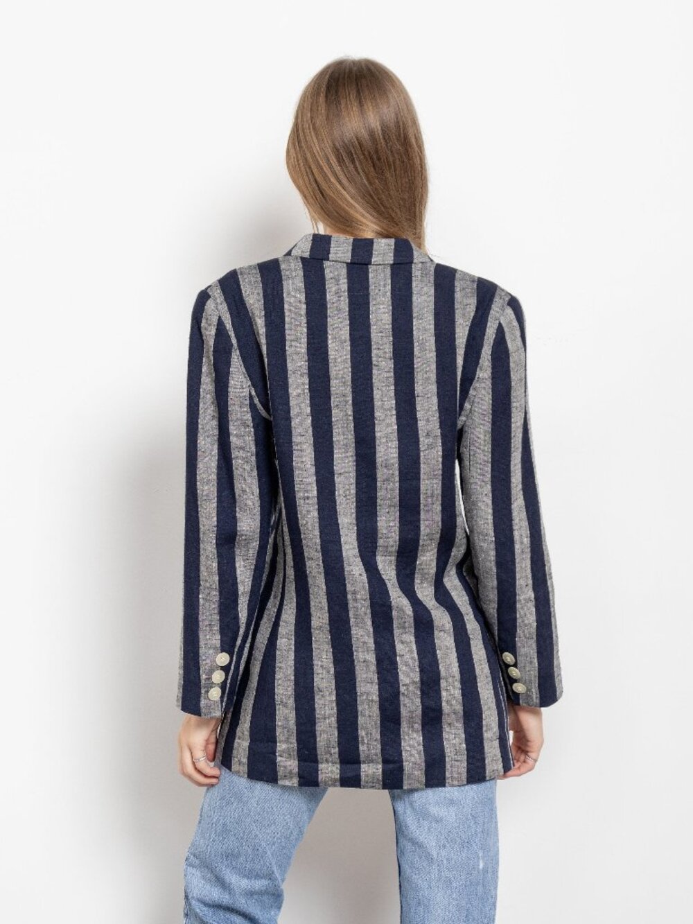 STRIPE LINEN BLAZER Double Breasted Vintage Small - Picture 9 of 10